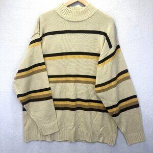 Vintage Y2K bq Oversized Sweater Mens 2XL Beige Brown Stripe Retro Baggy Acrylic